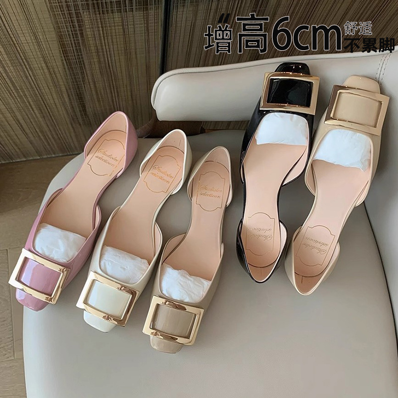 재고 있음, 즉시 배송! 내부 높이 6cm ~ 통근용 RV 스퀘어 버클 페이턴트 가죽 스퀘어 토 얕은 입 중공 플랫 슈즈 여성용 가을