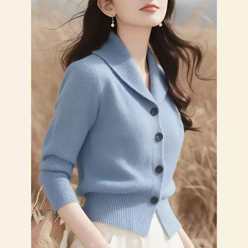 专柜女装毛衣时尚优雅纯色翻领长袖针织开衫女秋冬长袖上衣女|undefined