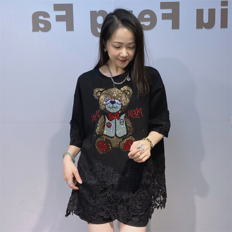 Trendy Brand Lace Patchwork Short-Sleeve Top for Women, New Summer Style, Mid-Length, Bear Rhinestone Design, Loose Fit, Slimming Half-Sleeve Top Trendy Brand Lace Patchwork Short-Sleeve Top for Women, New Summer Style, Mid-Length, Bear Rhinestone Design, Loose Fit, Slimming Half-Sleeve Top