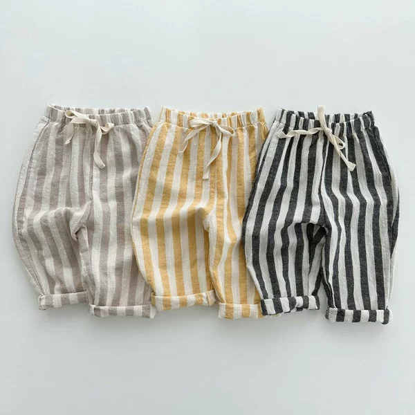 Korean Style Children's Clothing New Summer Boys and Girls Baby Cotton Elastic Waist Stripesd Tether Loose Casual Pants Pants