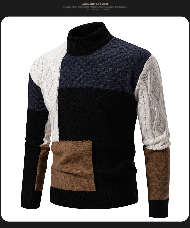 Men's Clothing Men's Color Block Crewneck Sweater, Casual Knit Pullover With Relaxed Fit, Semi-Turtle Neck Winter Warm Top For Teens & Adults_voghion.com