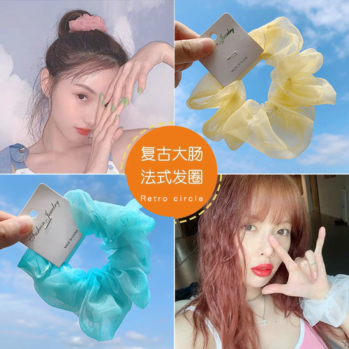 Summer ins fairy mesh large intestine hair ring bm retro French hair accessories Korean version organza transparent color head flower girl