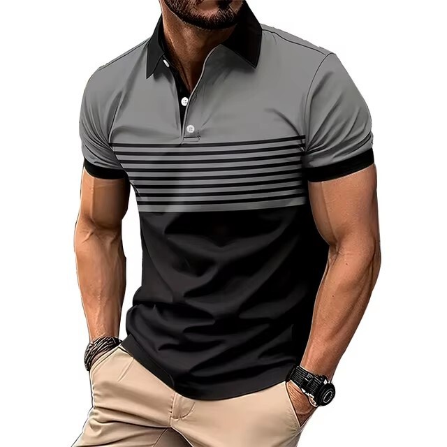 Summer striped 3d digital print polo shirt men's fashion button lapel short sleeve shirt cross-border foreign trade