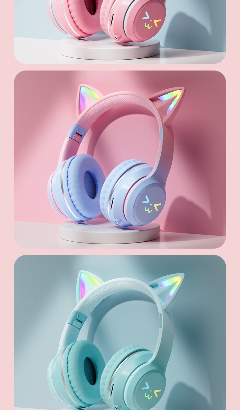 Új, privát modell, színátmenetes színű, macskafül alakú (párolt, macskafül alakú kenyér) Bluetooth vezeték nélküli játékzenei fejhallgató_voghion.com