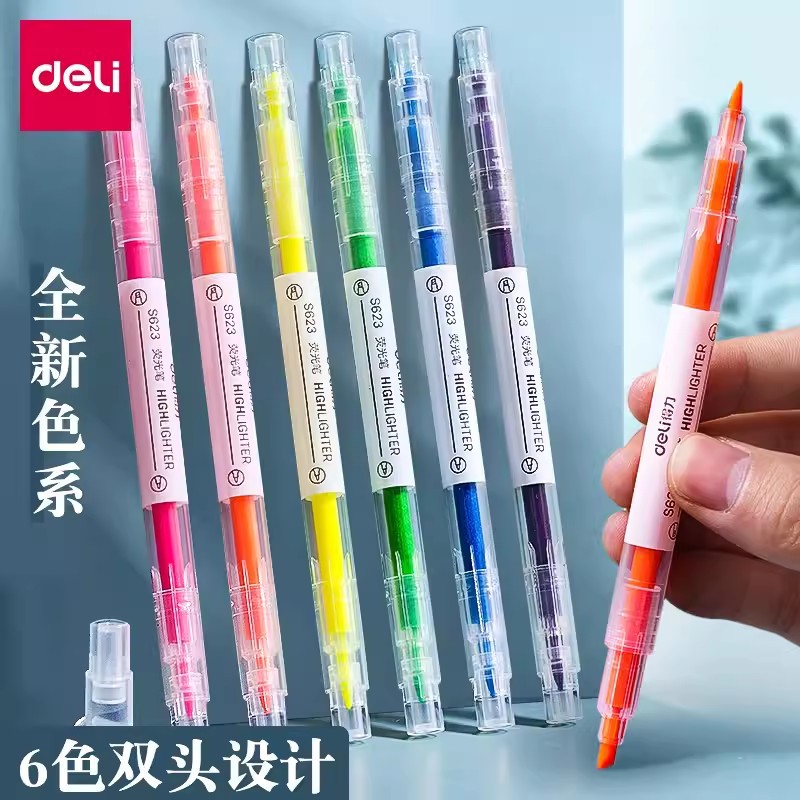 Deli 6 Color Double Head Highlighter Marking Pen Student Office Candy Color Marking Pen Writing Pen 12 Pack