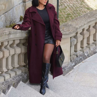 Z European and American 2024 Autumn New Women's Retro Loose Casual Double-Breasted Long Woolen Trench Coat with Belt