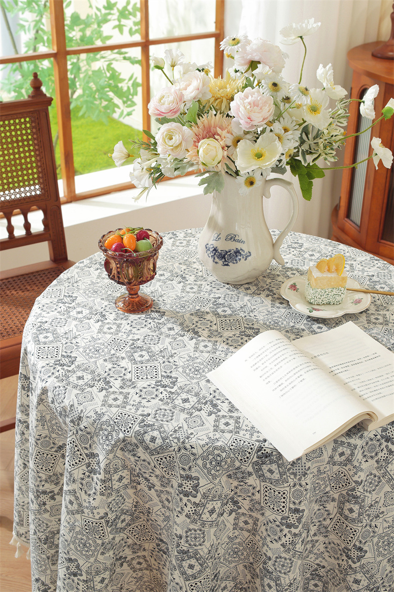 Mantel de mesa rectangular de algodón jacquard estilo floral_voghion.com