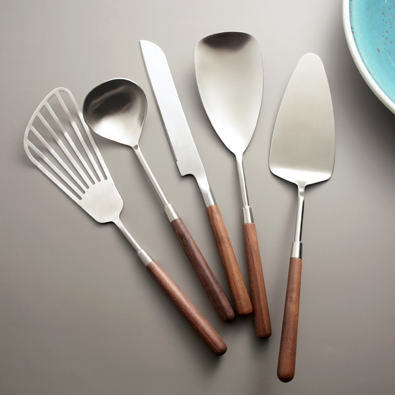 Kitchen Household 304 Stainless Steel Walnut Handle Spoon Dishes Spoon Shovel Kitchenware suit Steak Knife and Fork Spoon Tableware