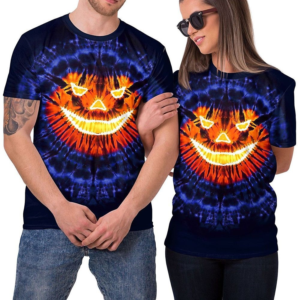 万圣节南瓜T恤动漫图案T恤男式女式3D数码印花涤纶万圣节休闲上衣
