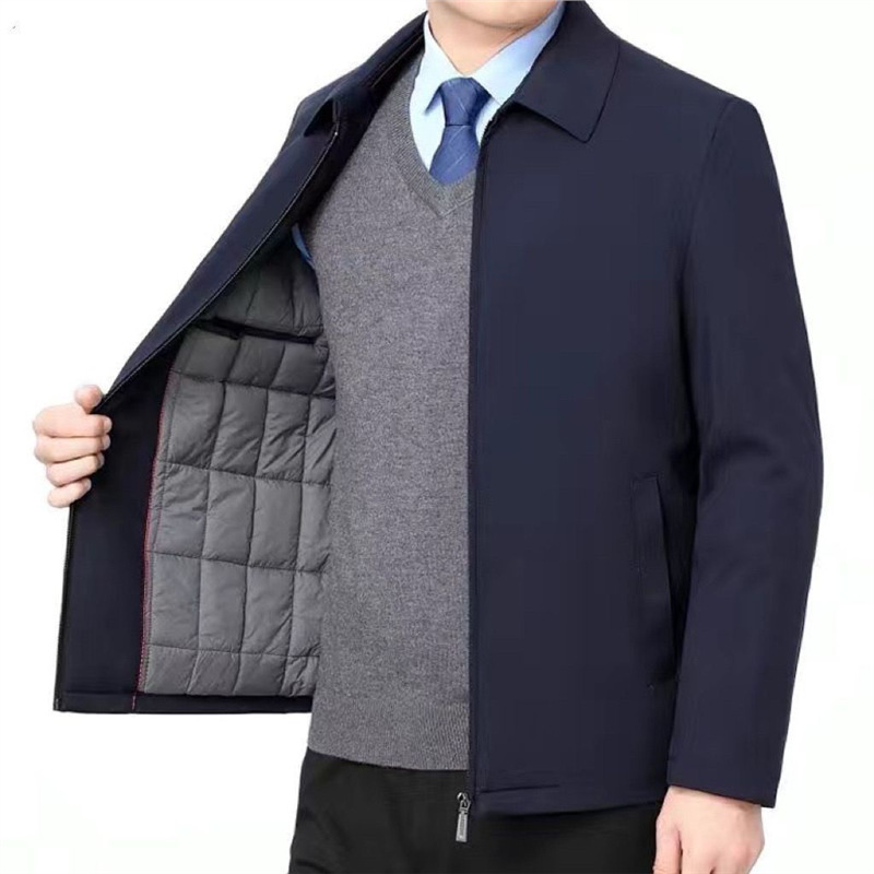 지퍼 스타일 [핫 세일] 라펠 재킷 - 네이비 블루 - 면 및 두꺼운