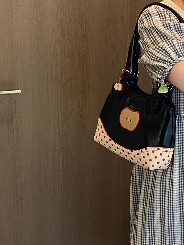 2025 夏ニッチかわいいリンゴ刺繍ショルダー脇の下バッグ韓国スタイルガール水玉ハンドバッグ小さなトートバッグ|undefined