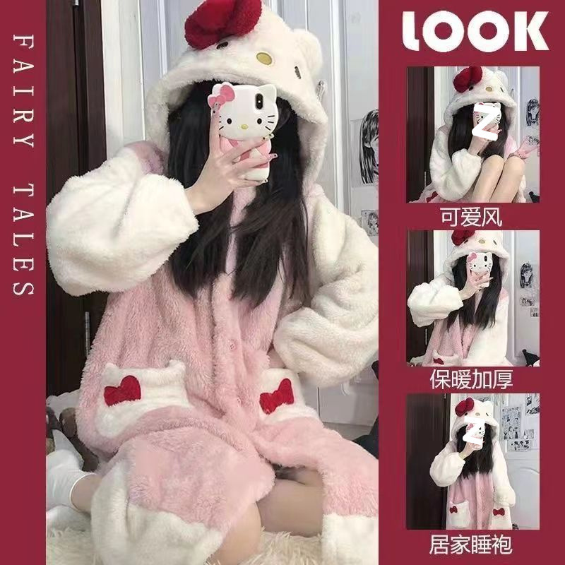 Spring New Capibala Pajamas for Women, Winter Nightgown, Cute Coral Velvet Thickeneded Mid-Length Home Wear Set