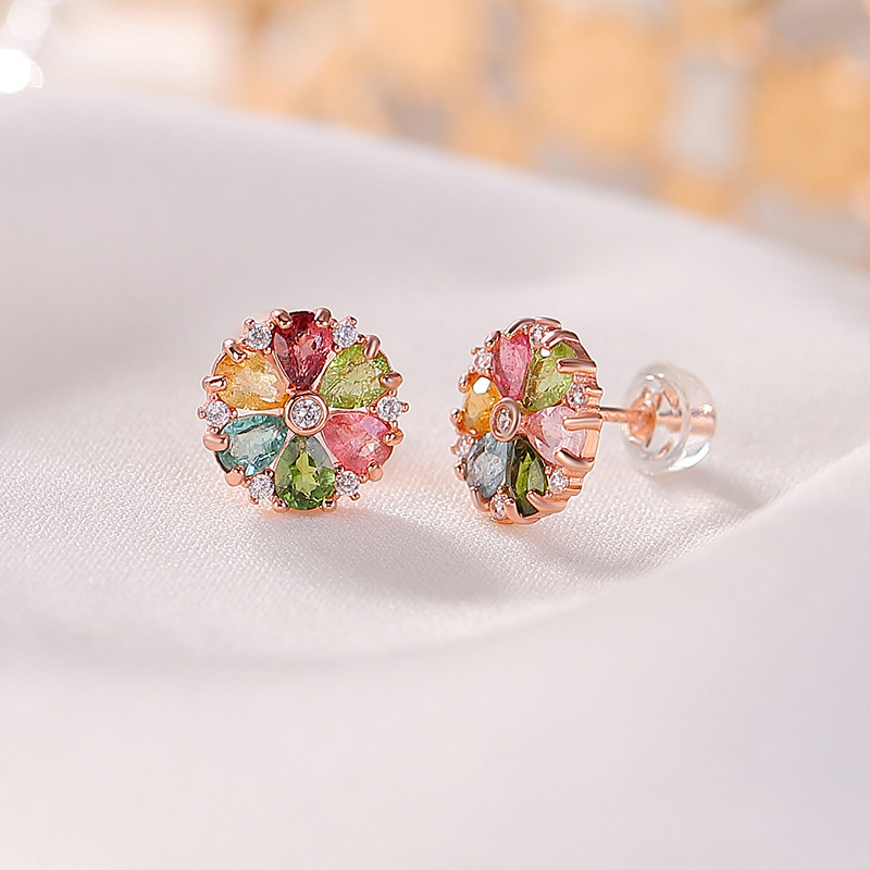 Bông tai bạc S925 mạ vàng hồng đính tourmaline hình hoa cúc ánh sáng — một cặp