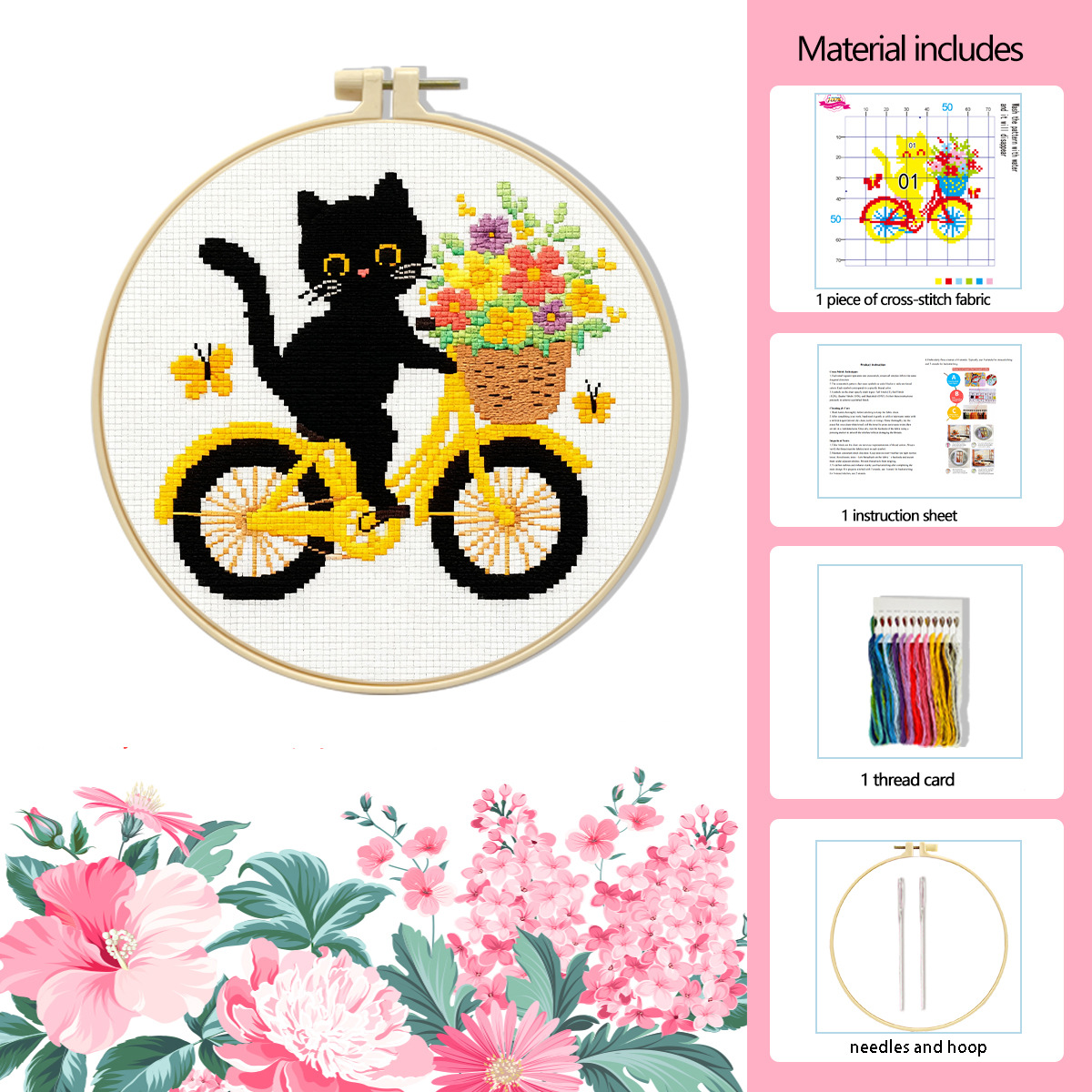 Fábrica directa de bordado cruzado transfronterizo Amazon tres pequeños gatos negros pequeños kits de bordado simple DIY