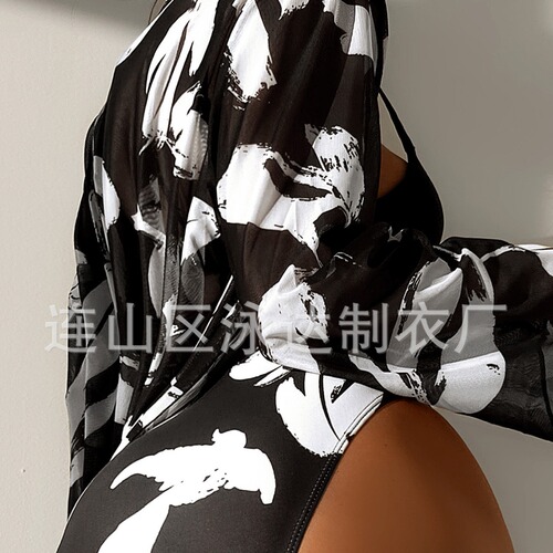  European and American foreign trade swimwear women's split three-piece long-sleeved mesh blouse cross-border bikini print set