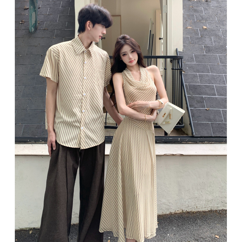 2026 Couple's Matching Outfits: Halter Neck, Sleeveless, Vacation Style, Long Two-Piece Dress Set with a Slip Dress Underneath
