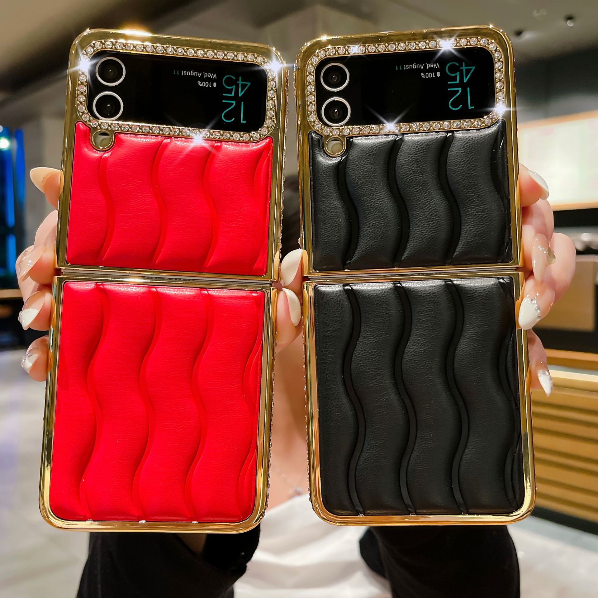 Luxury Electroplated Diamond Wave Leather Phone Case For Samsung Zflip5 Zflip4_voghion.com