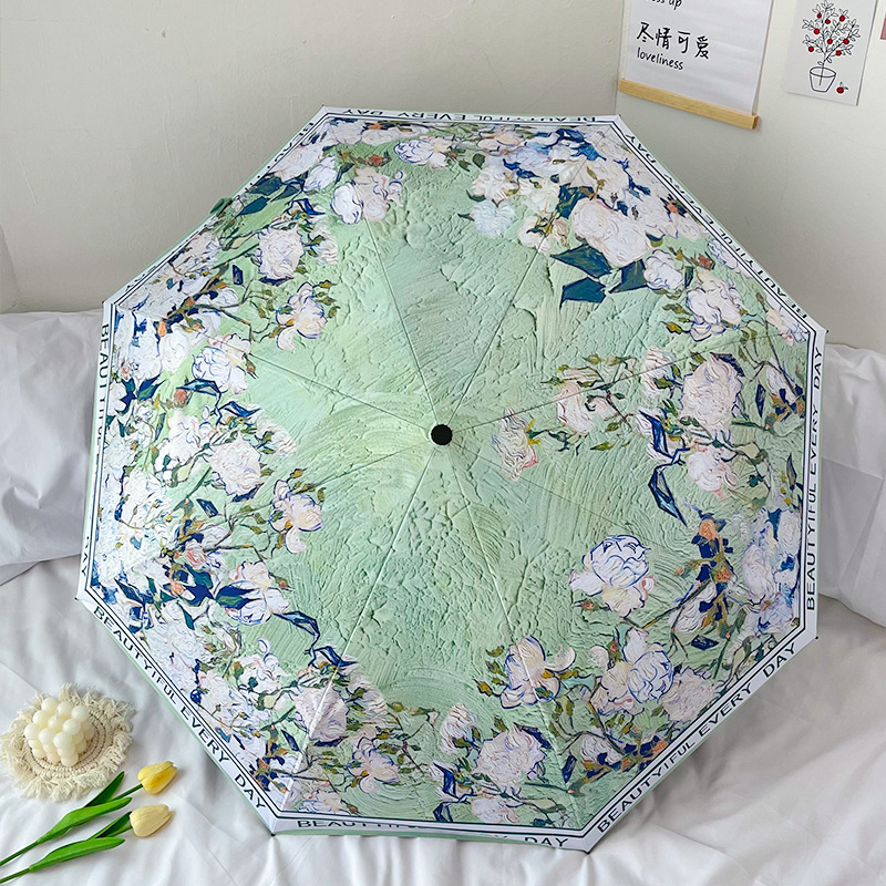 Cross-Border 50% off Floral Vinyl Folding Sun Umbrella Uv Protection Sunshade Umbrella I You Portable Wholesale