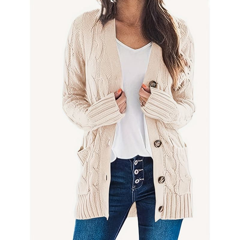 2025 New Cross-Border European and American Style Casual Long-Sleeve Cable Knit Cardigan with Button Front, Cross-Border Dropshipping