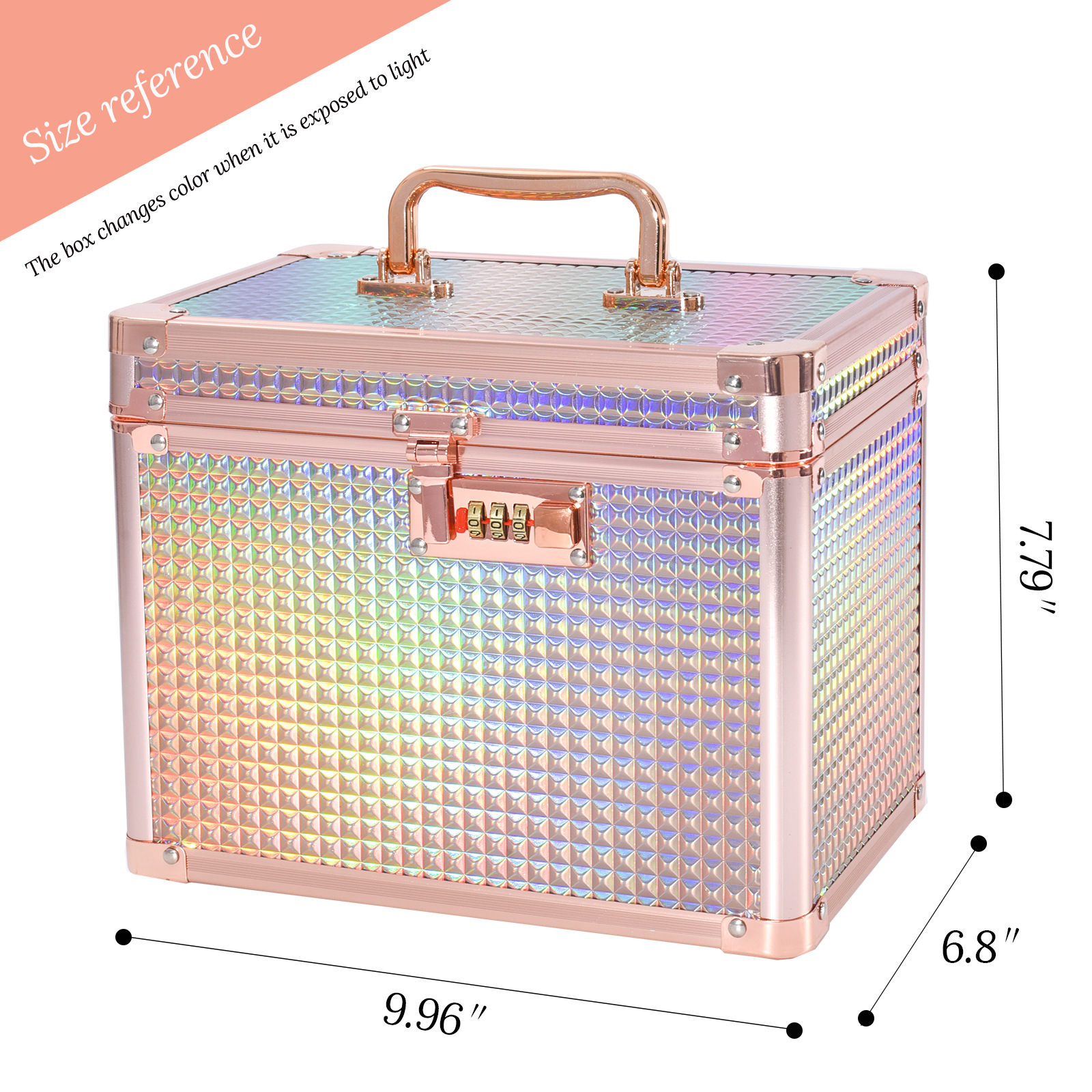 Estuche de cosméticos de aleación de aluminio, juego portátil de una sola pieza de gran capacidad de doble capa con caja de almacenamiento de espejo, bloqueo de contraseña, bolsa de cosméticos