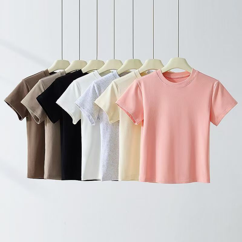 Heavy Weight Round Neck Right Shoulder Pure Color Short-Sleeved T-Shirt for Women Spring and Summer Short Slim Fit Inner Layering Shirt New Half-Sleeved Top