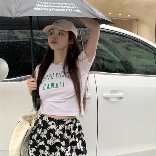 Black Letter Print Women's Ins Trend 2025 Summer Hot Girl Short-Sleeve T-Shirt Slim Fit Crop Top Underwear