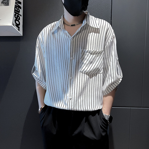 Men's 2025 Summer Striped Shirt with Ice Silk High-End Style Fashion 7.5-inch Half Sleeve Trendy Korean Version Hooded Top