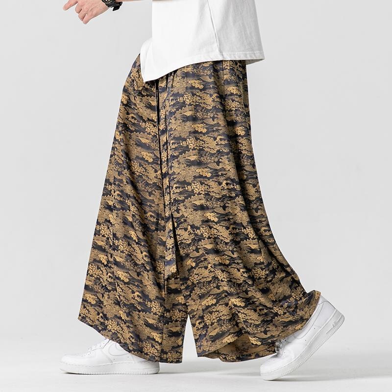 2024 Summer New Cross-border Men's Printed Cotton and Linen Wide Leg Pants Chinese Style Large Size Men's Hanfu Casual Pants