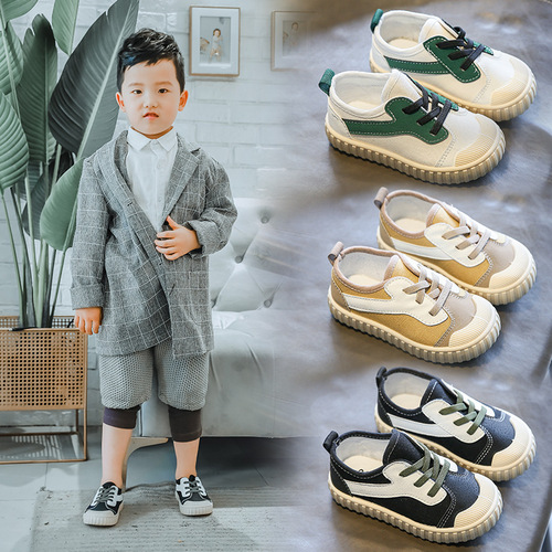 2024 Children's Shoes Boys Color Block Canvas Shoes Girls Baby Shoes White Shoes Wholesale Fashion Student Shoes Baotou Anti-Kick