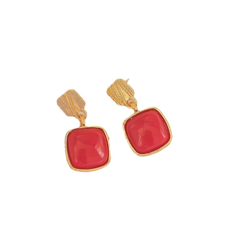 Pendientes cuadrados rojos Pendientes geométricos de temperamento retro francés