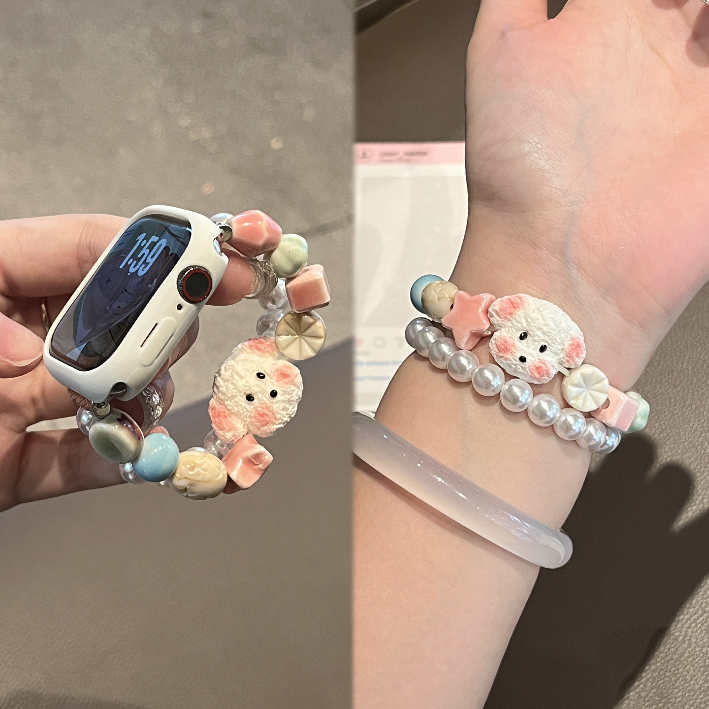 Suitable for Apple Watch Strap Iwatch10 New Ceramic Puppy Beibei S9 Wristband S Fashion Se Female Beads