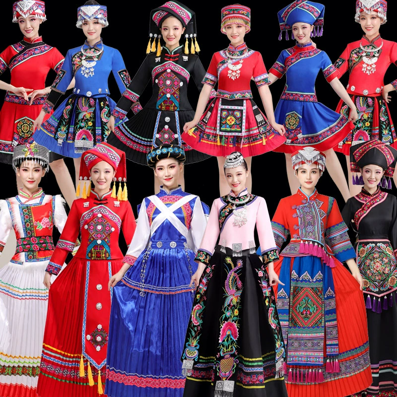 56 этнический костюм женский Yi Yao Tujia танцевальный костюм Дун Чжуан Мяо костюм для выступлений