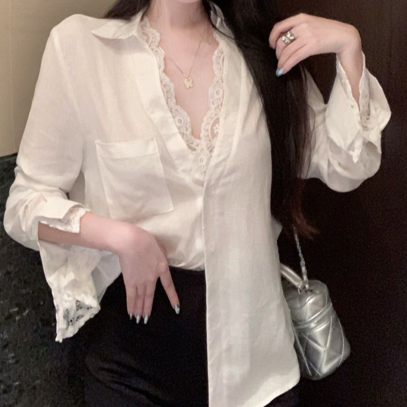 2026 Young Style Two-Piece Lace Patchwork Suit Long-Sleeve Loose Shirt Top for Women Autumn 2026 New Off-Shoulder Design 2026 Young Style Two-Piece Lace Patchwork Suit Long-Sleeve Loose Shirt Top for Women Autumn 2026 New Off-Shoulder Design
