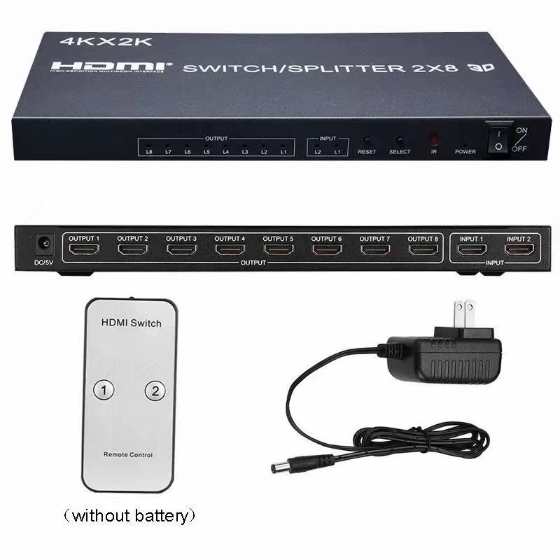 4K HDMI переключатель/разветвитель 2x8 с пультом и кнопками, 2 в 8 для распределения и переключения