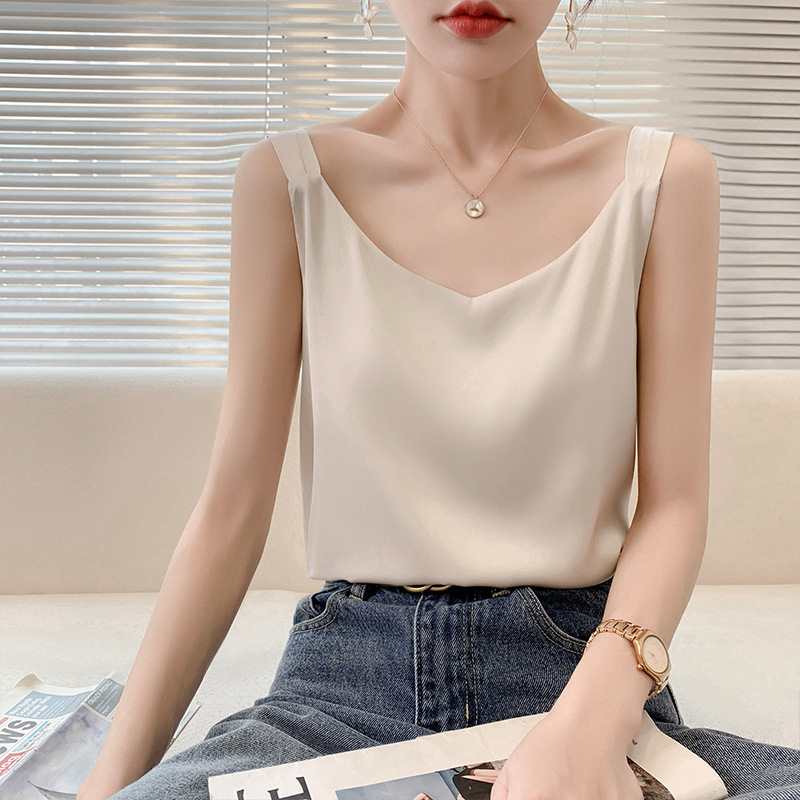 Women's Summer Outer Wear Loose Silk Vest Base White Acetic Acid Satin Suit Black Ice Silk Top