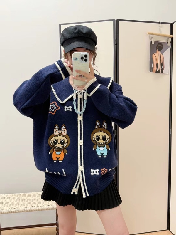 甜美娃娃领开衫毛衣女2025秋冬新款韩系宽松重工卡通刺绣针织外穿|undefined