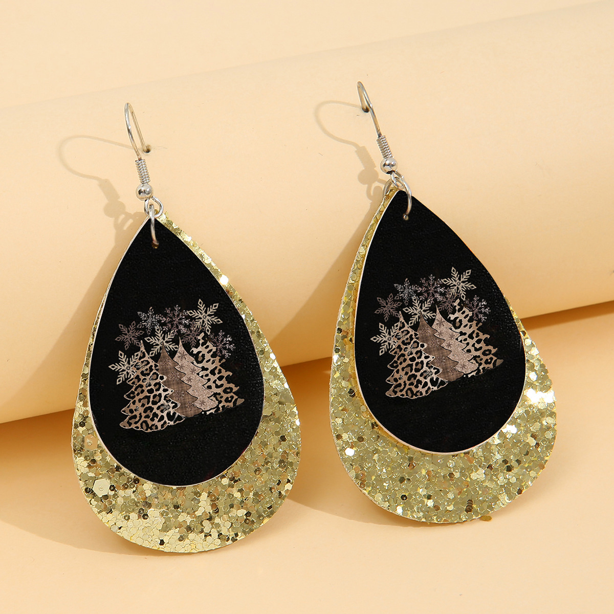 Christmas Tree Letter Pu Double-sided Printing Leopard Pattern Leather Earrings display picture 4