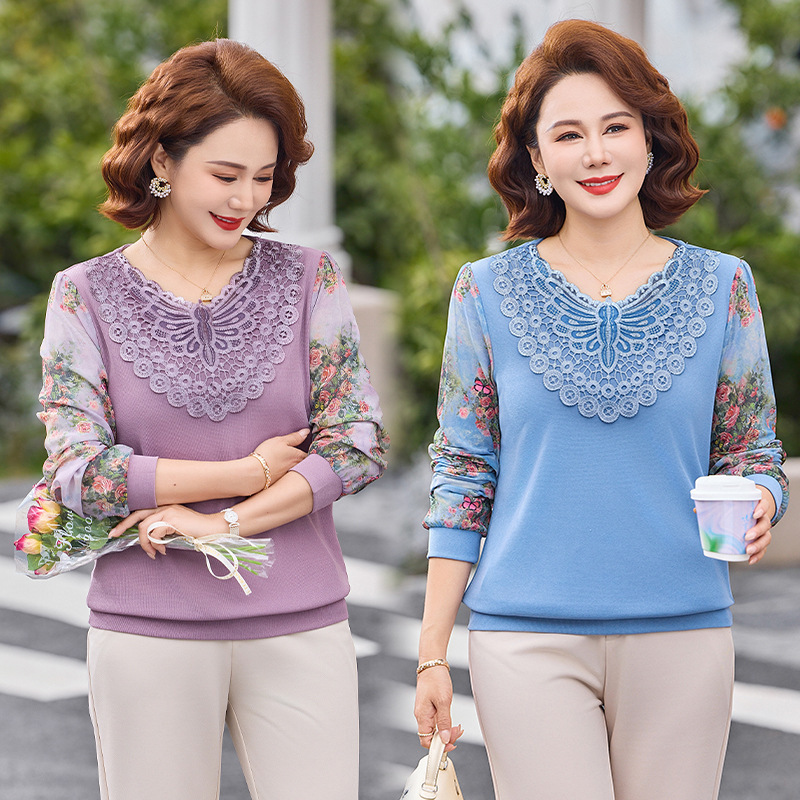 Mom's autumn fashion lace patchwork long-sleeve T-shirt, a stylish and age-reducing loose-fitting top for middle-aged and elderly women, perfect for spring and autumn Mom's autumn fashion lace patchwork long-sleeve T-shirt, a stylish and age-reducing loose-fitting top for middle-aged and elderly women, perfect for spring and autumn