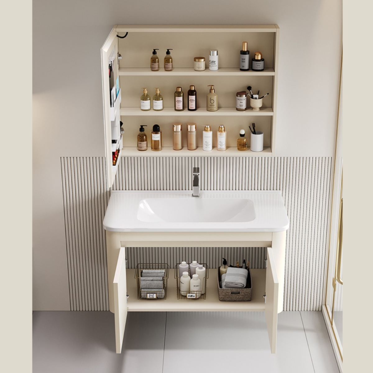 gabinete de baño de panal de aluminio espacial esquina redondeada integral cerámica lavabo combinado lavabo espejo inteligente de belleza