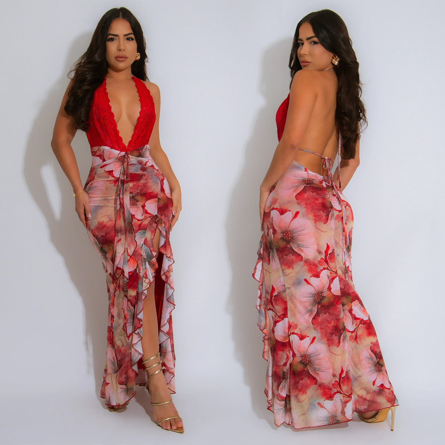 C7262 Transbordador AliExpress Amazon Moda europea y americana Vestido estampado delgado con cuello halter en v profundo sexy para mujer