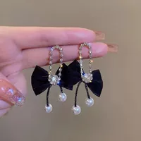 Черная серебряная игла с бантом, элегантные универсальные модные серьги, жемчуг серебро