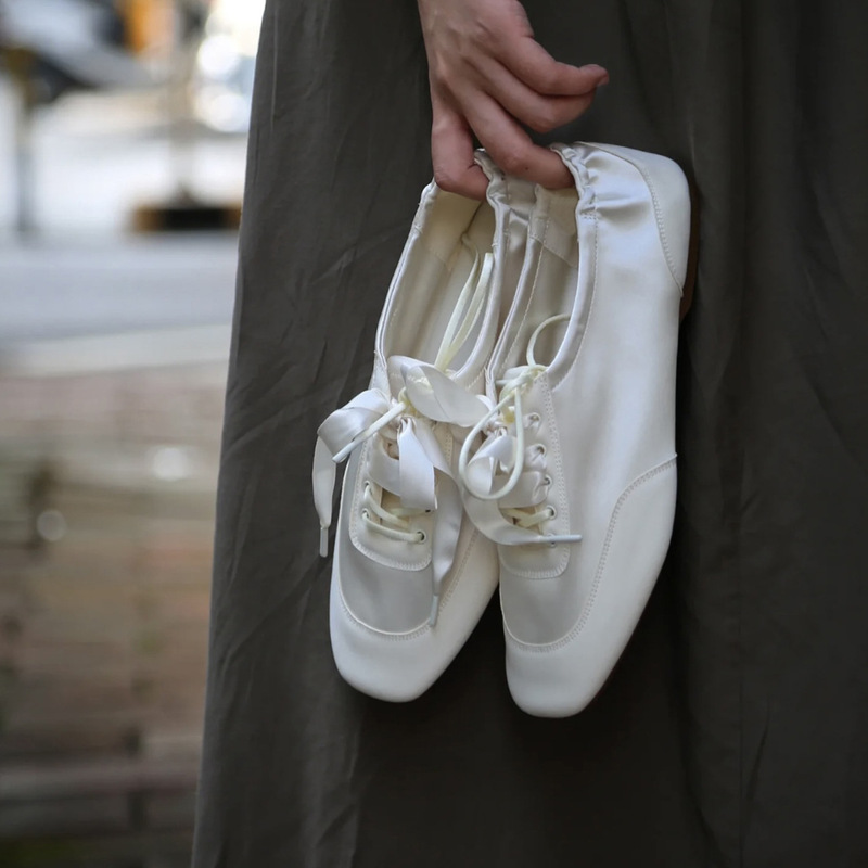 White Satin Patchwork Ballet Shoes for Women, 2026 Early Spring New Lace-Up Casual German Training Shoes, Women's Flat Shoes White Satin Patchwork Ballet Shoes for Women, 2026 Early Spring New Lace-Up Casual German Training Shoes, Women's Flat Shoes