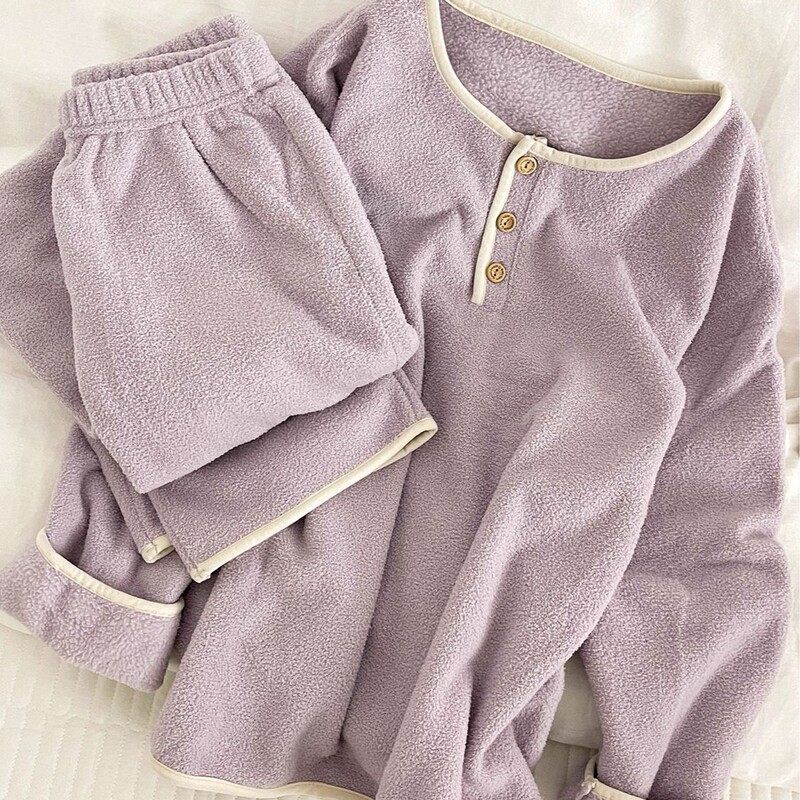 High-End Winter Long-Sleeved Pants Coral Korean Style Thickeneded Pajamas Women's Snow Velvet Simple Casual Home Wear Set