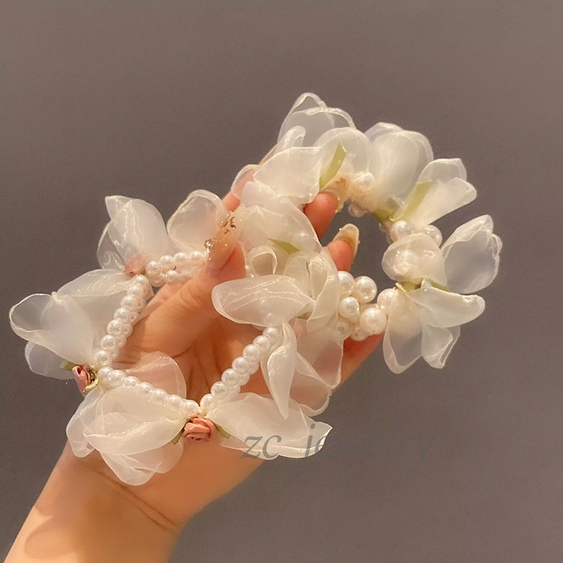 달콤한 모리 스타일 진주 현악 꽃잎 고무 밴드 하이 엔드 감각 틈새 팔찌 등 머리 넥타이 로프 우아한 헤어 액세서리