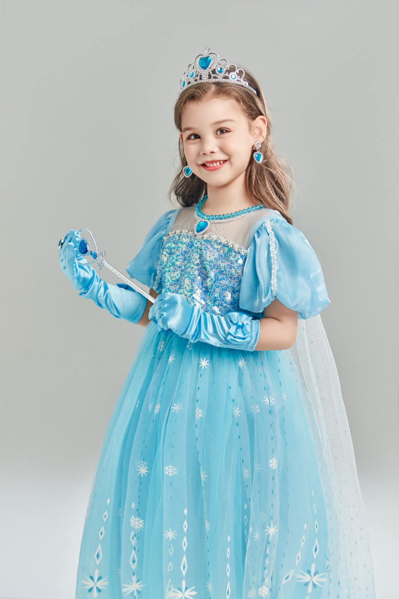 Neues, kurzärmliges, süßes Elsa-Kleid für Weihnachtsprinzessinnen für Mädchen_voghion.com