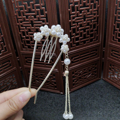Pearl Flower Tassels U-Shaped Hairpin, Rear Braincase Chignon Hairpin, Vintage Ancient Style, Elegant Step-Sway Hairpin, Hair Accessories