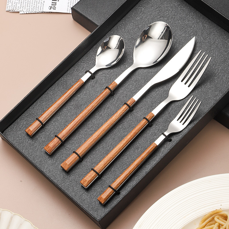 430 stainless steel tableware imitation wooden handle knife, fork and spoon set Korean wood grain knife, fork and spoon chopsticks four-piece gift box 430 stainless steel tableware imitation wooden handle knife, fork and spoon set Korean wood grain knife, fork and spoon chopsticks four-piece gift box