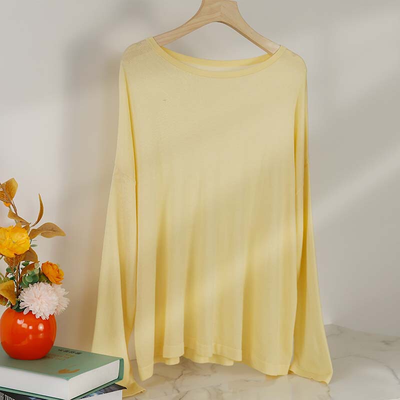 Lightweight Breathable T-Shirt for Women, Tencel Linen, Casual Loose Round Neck Sun-Protective Knit Cover-Up