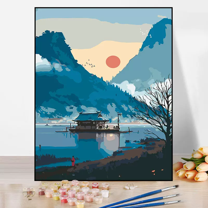 油画diy数字油画填色手绘风景油彩画填充涂色客厅装饰画江林仙境