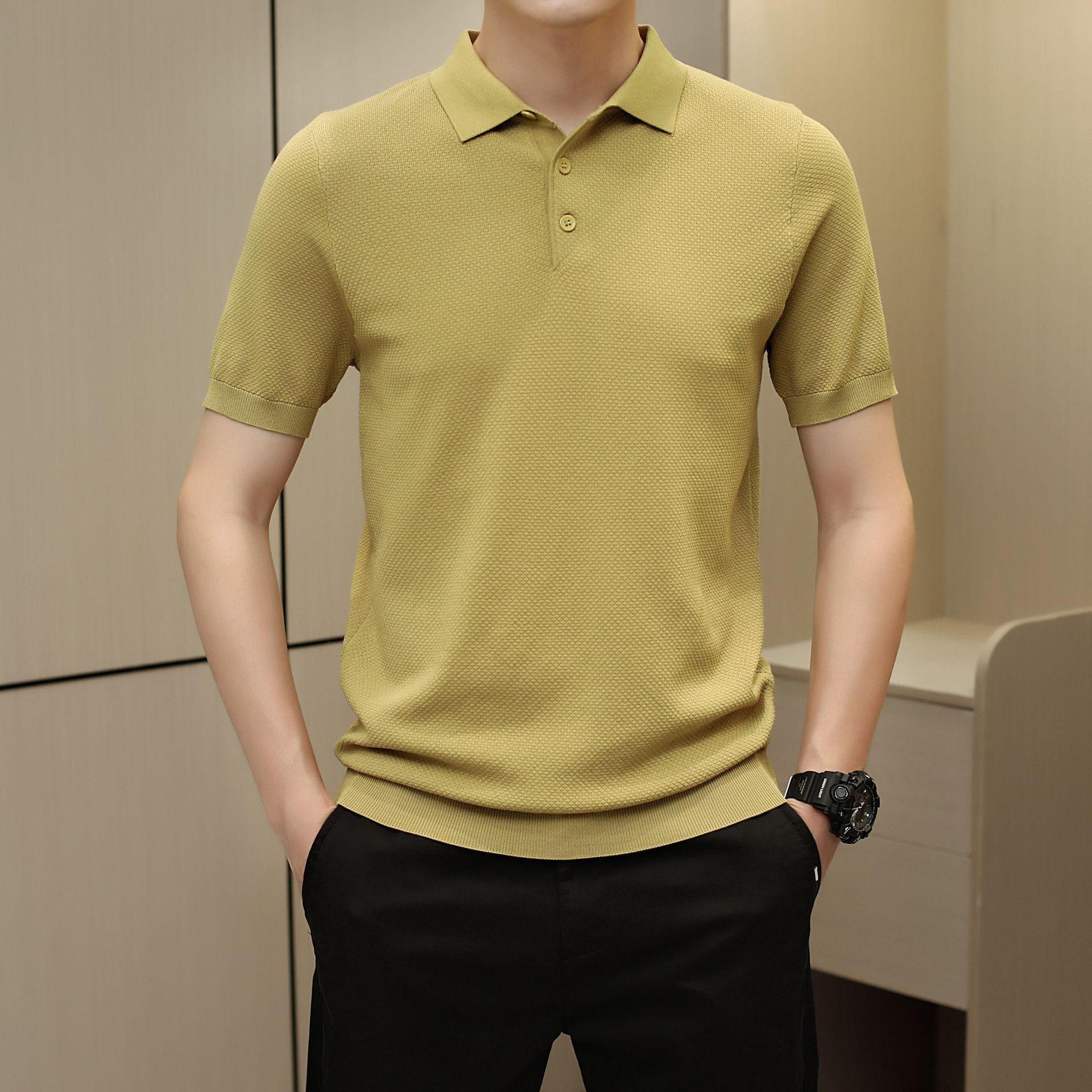 Men's Slim Fit Polo Shirt Light Luxury Fashion Knitted Short Sleeve Business Casual Solid Color Turn Down Collar Summer Top_viptrois.com